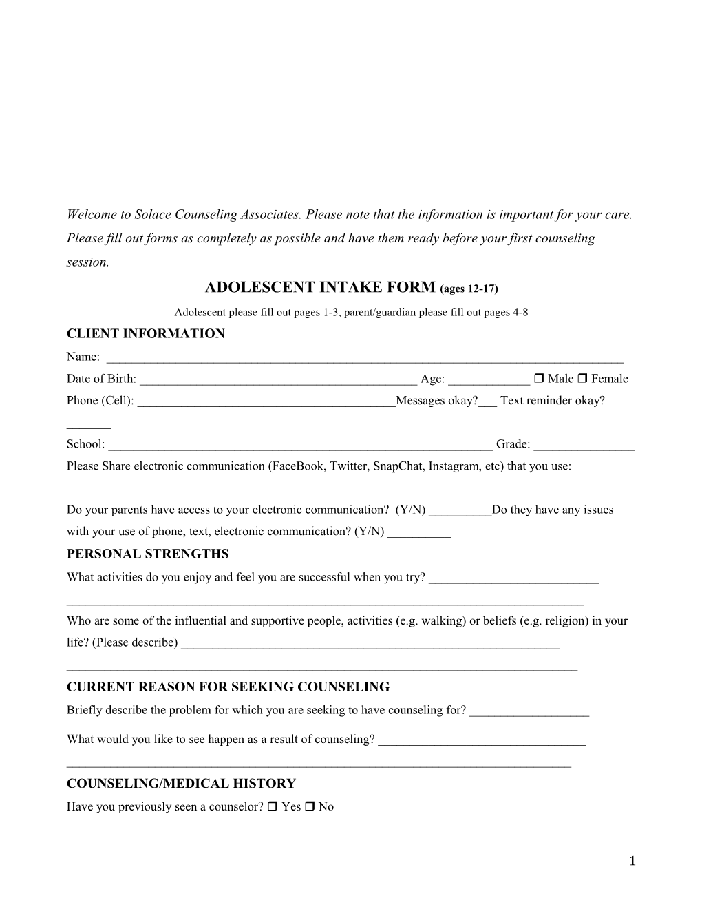 ADOLESCENT INTAKE FORM (Ages 12-17)