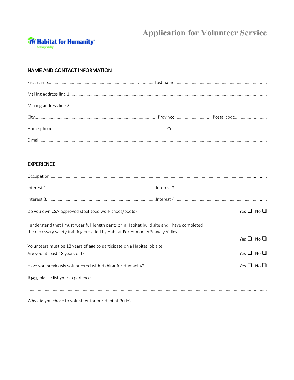 Application for Volunteer Service