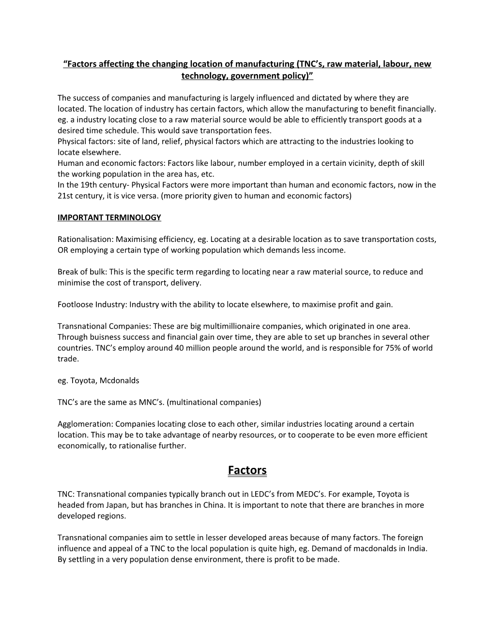 Factors Affecting the Changing Location of Manufacturing (TNC S, Raw Material, Labour