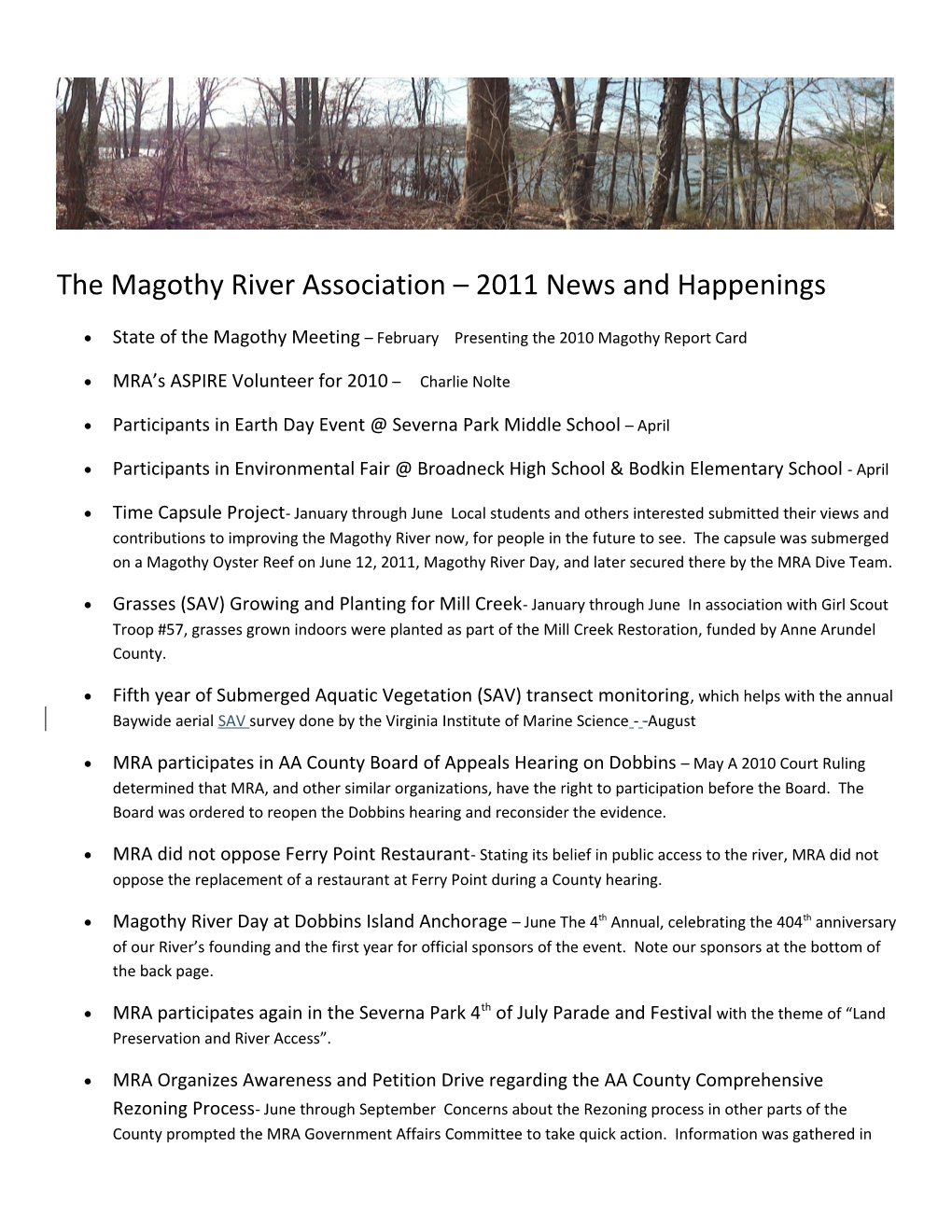 The Magothy River Association 2011 News and Happenings