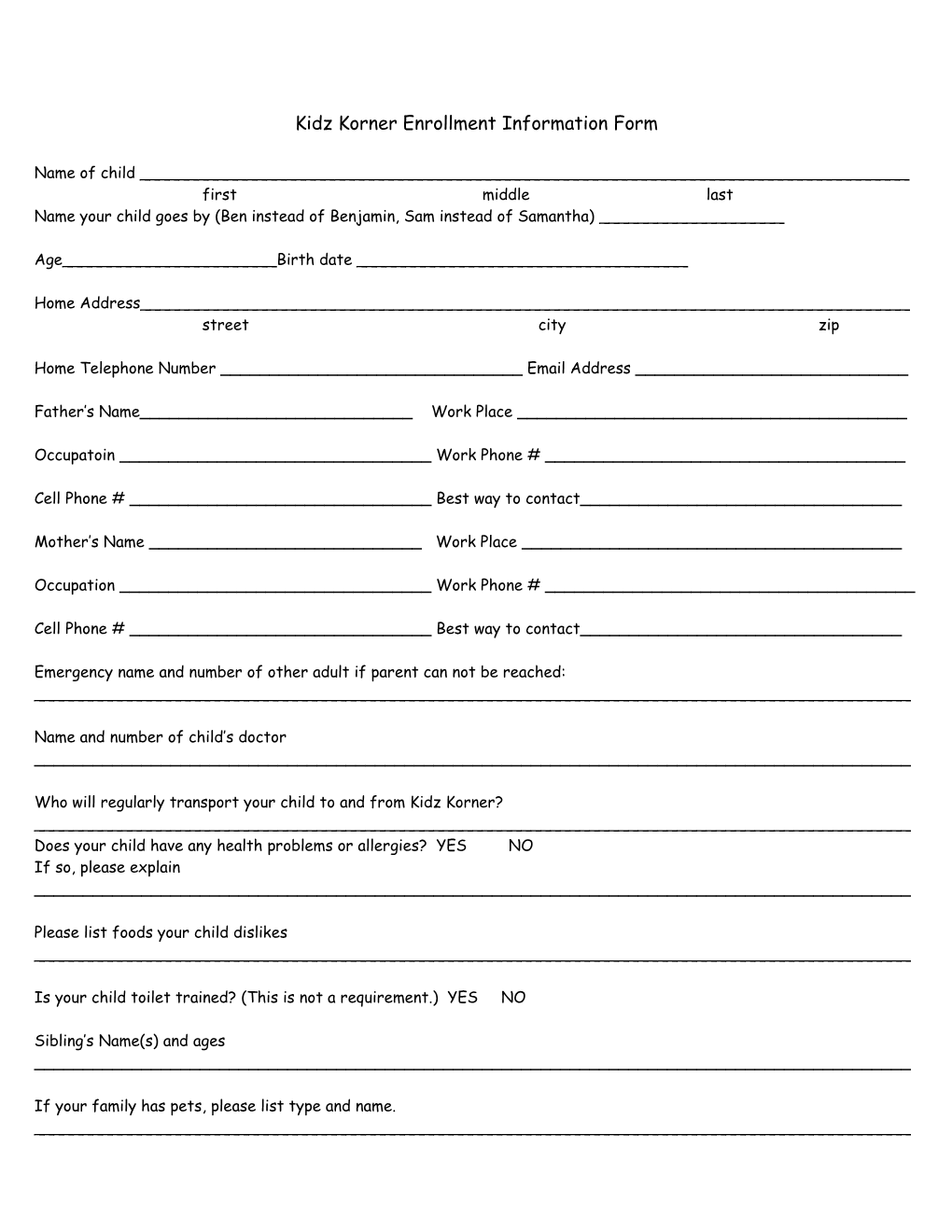 Kidz Korner Enrollment Information Form