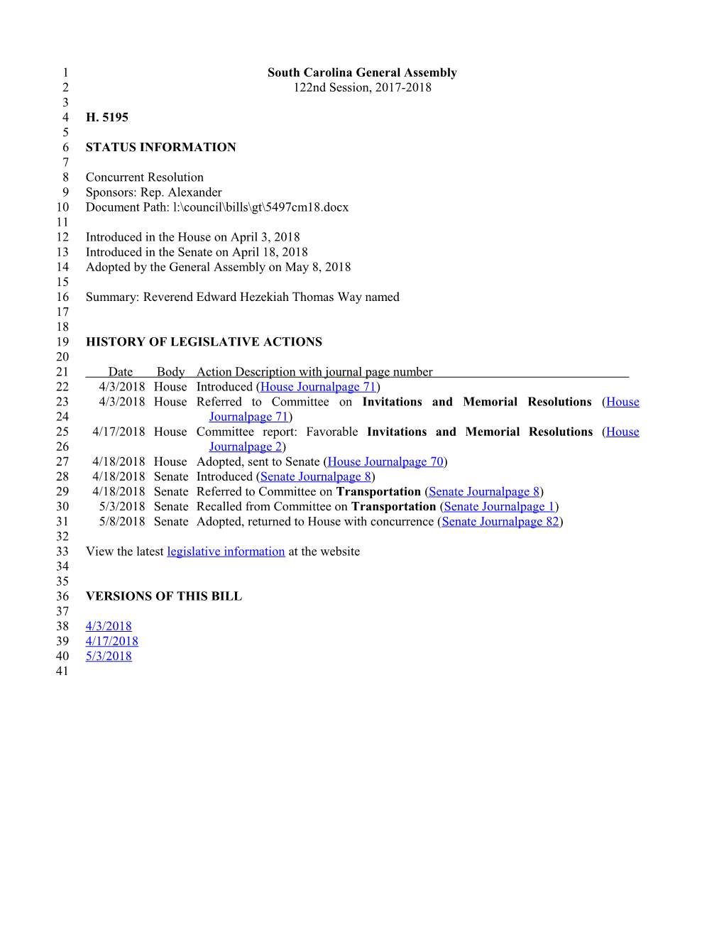 2017-2018 Bill 5195: Reverend Edward Hezekiah Thomas Way Named - South Carolina Legislature