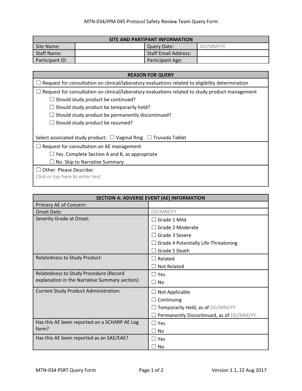 MTN-034/IPM 045 Protocol Safety Review Team Query Form