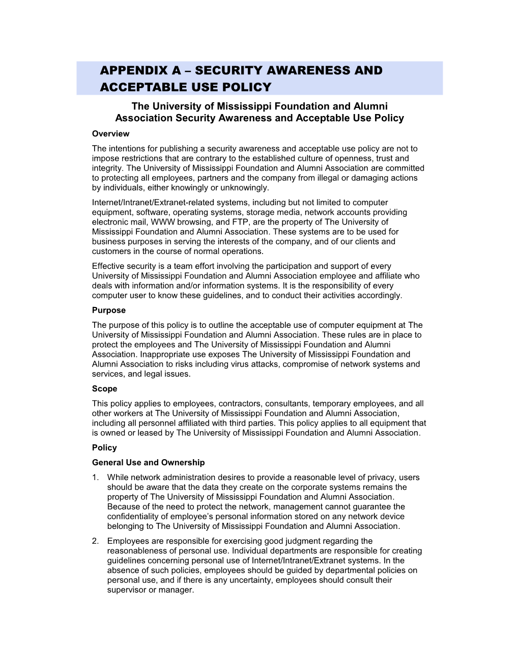 Appendix a Security Awareness and Acceptable Use Policy