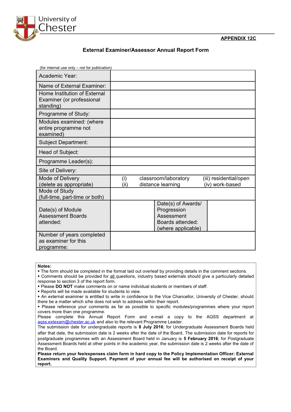 External Examiner/Assessor Annual Report Form
