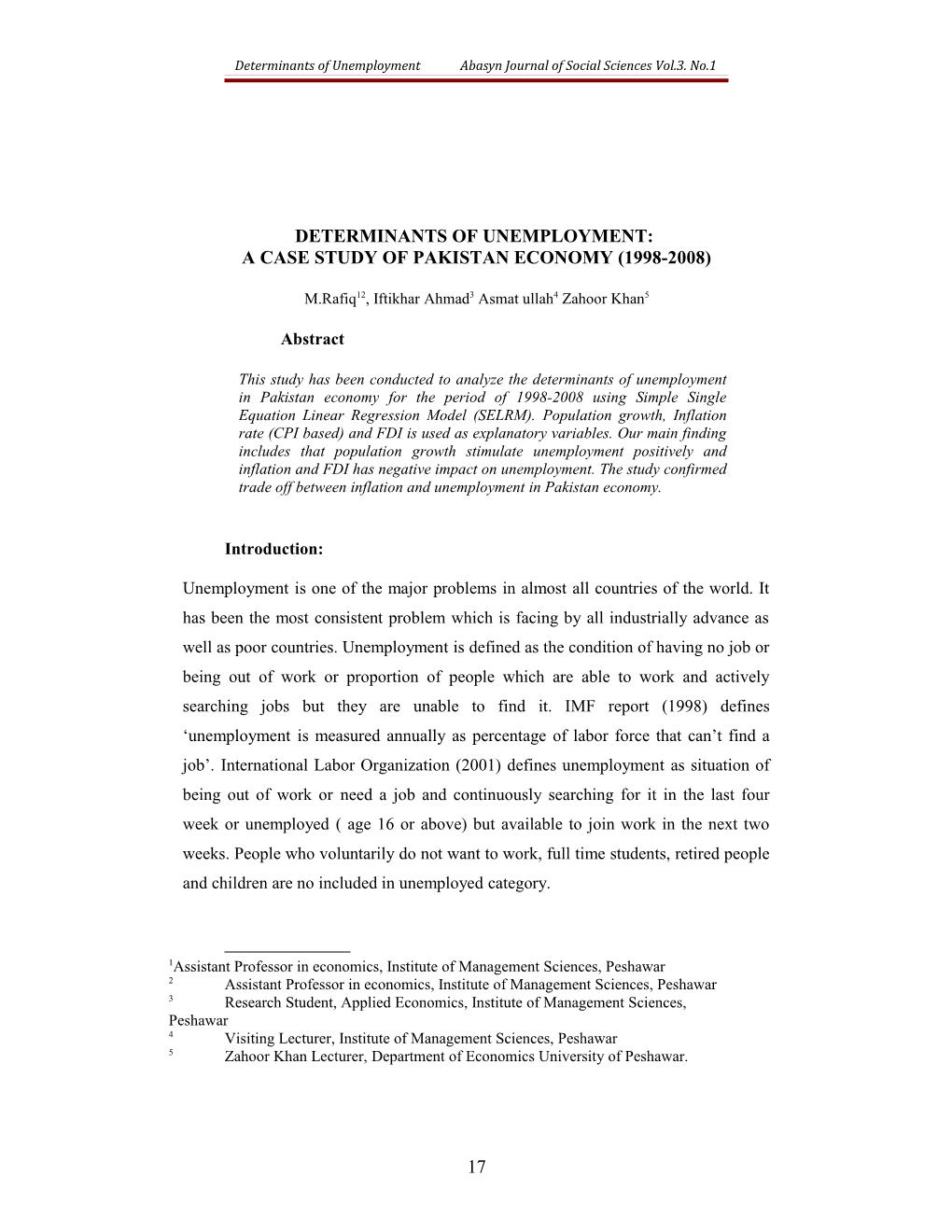 Determinants of Unemployment Abasyn Journal of Social Sciences Vol.3. No.1