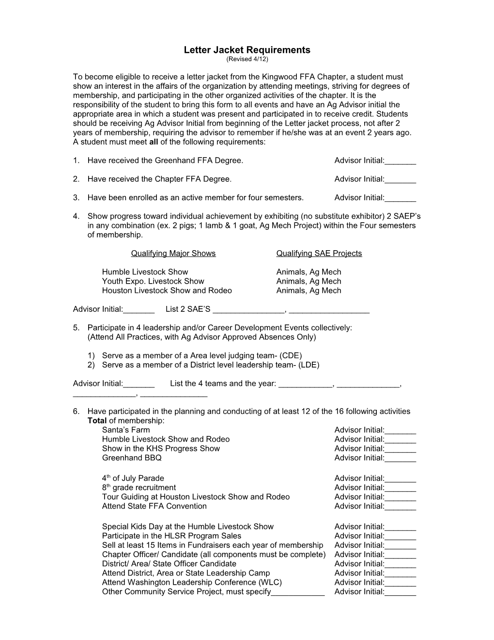 Letter Jacket Requirements