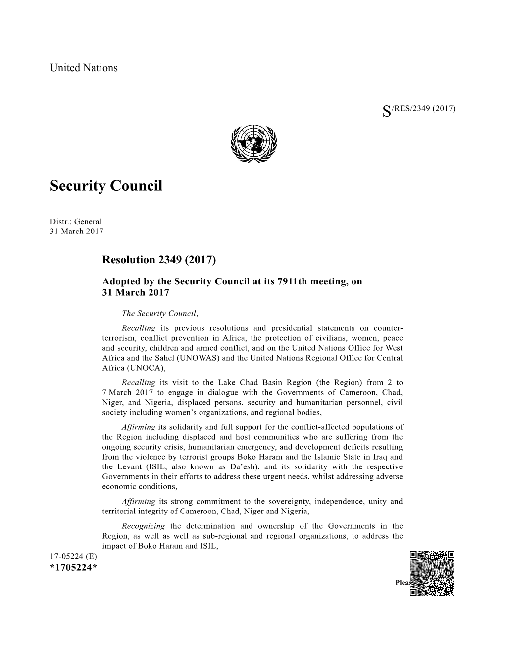 Adopted by the Security Council at Its 7911Th Meeting, on 31March 2017