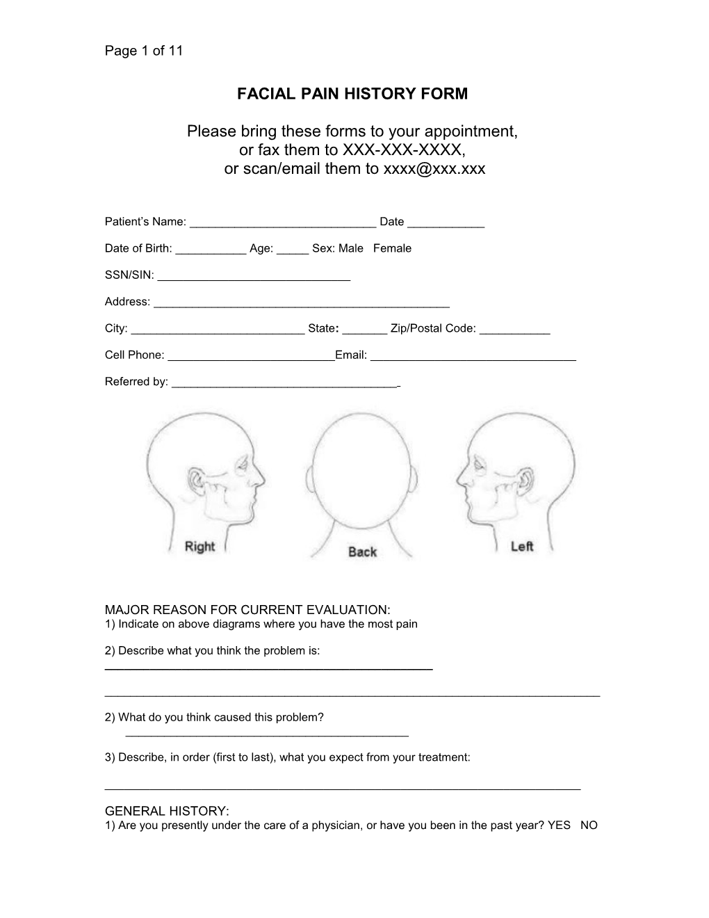 Facial Pain History Form