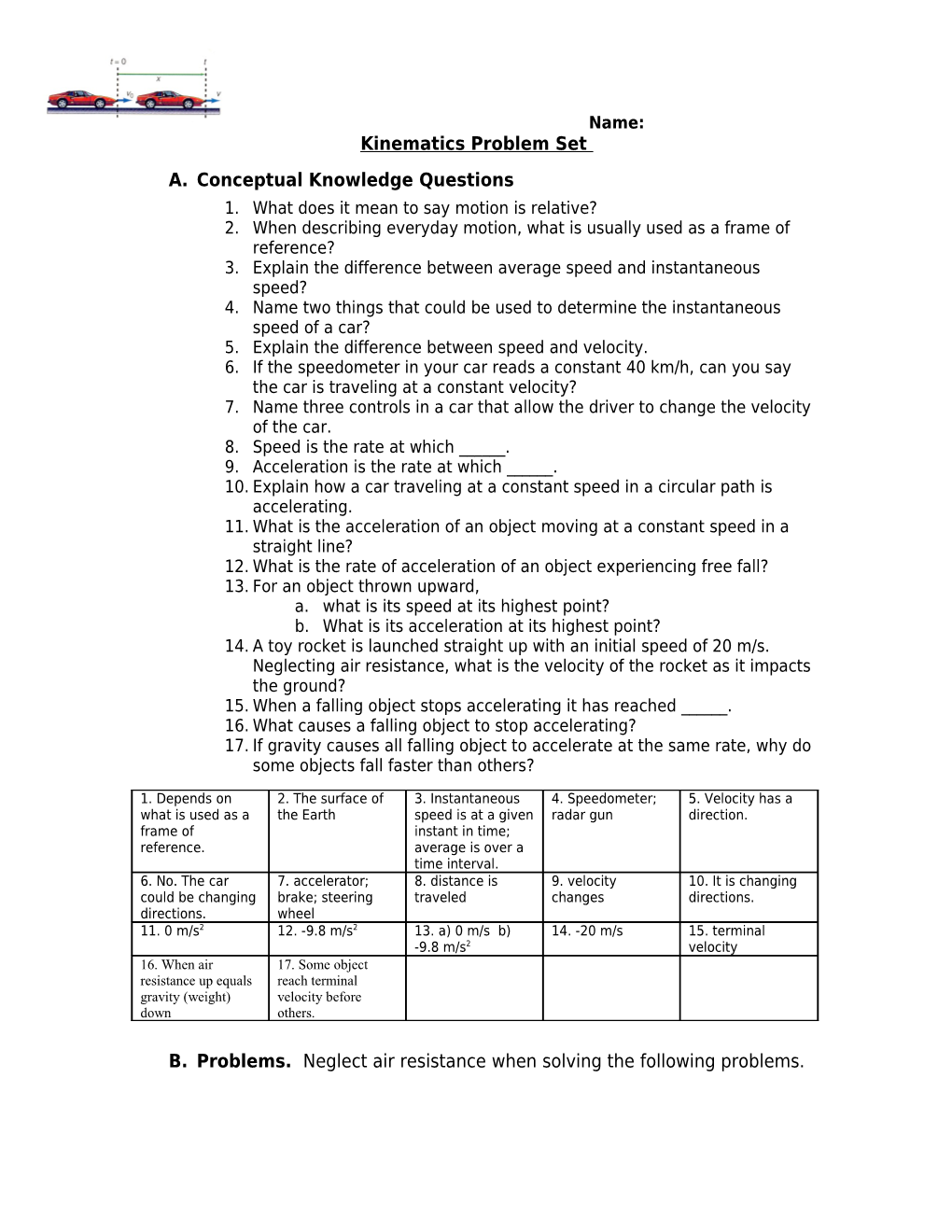 Kinematics Problem Set