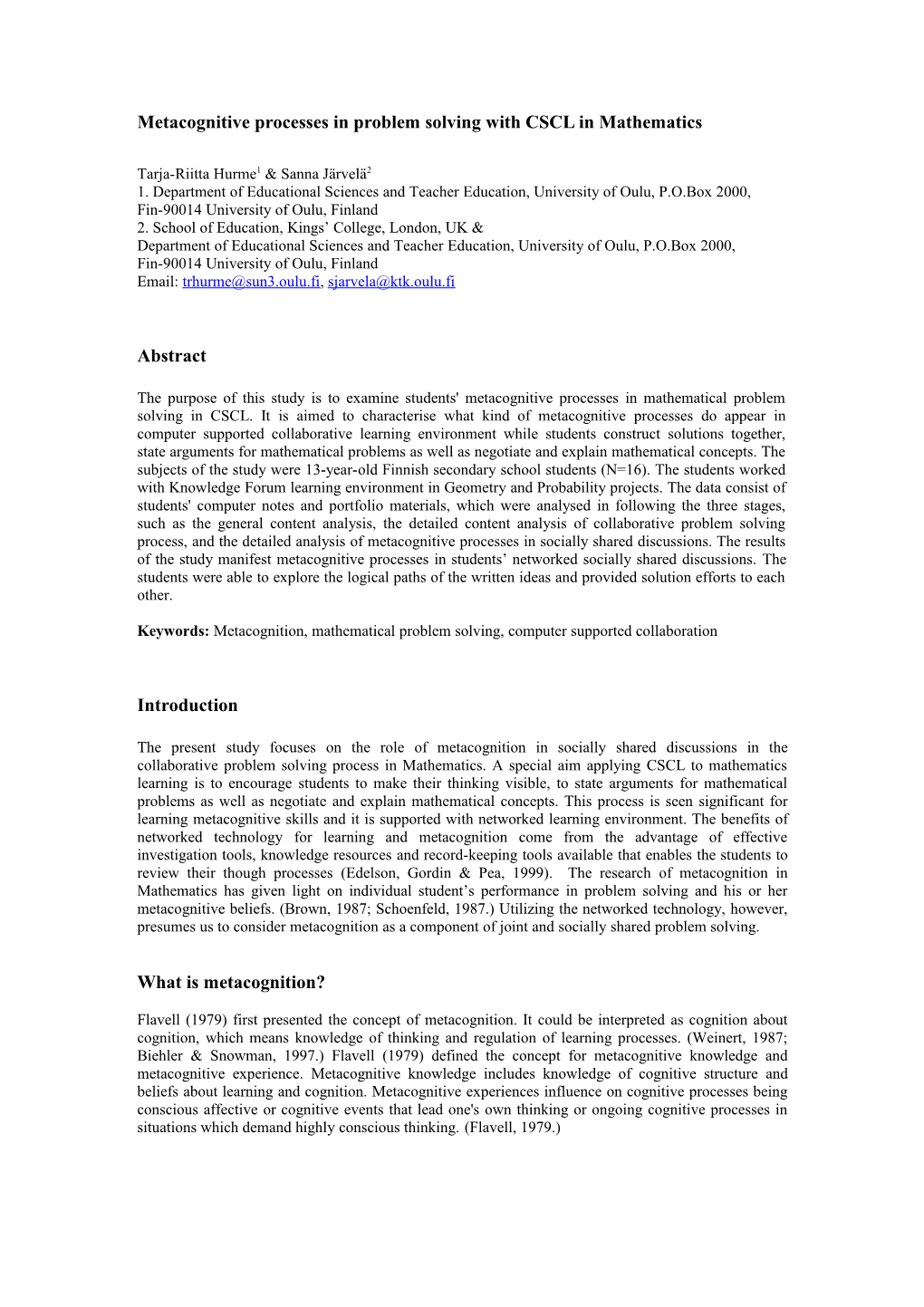 Eurocscl: Metacognition As a Break Impulse in Network-Based Mathematical Problem Solving