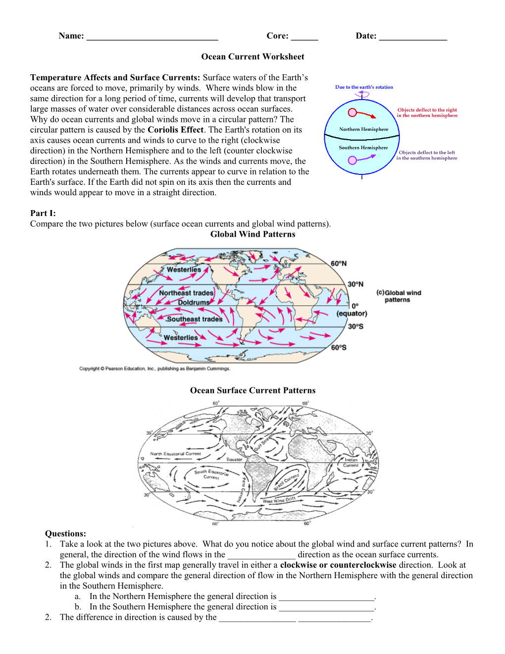 Ocean Current Worksheet