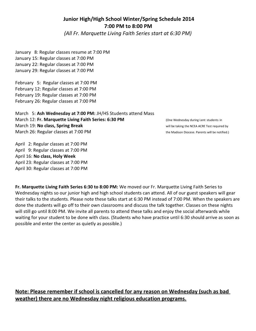 Junior High/High School Winter/Spring Schedule 2014