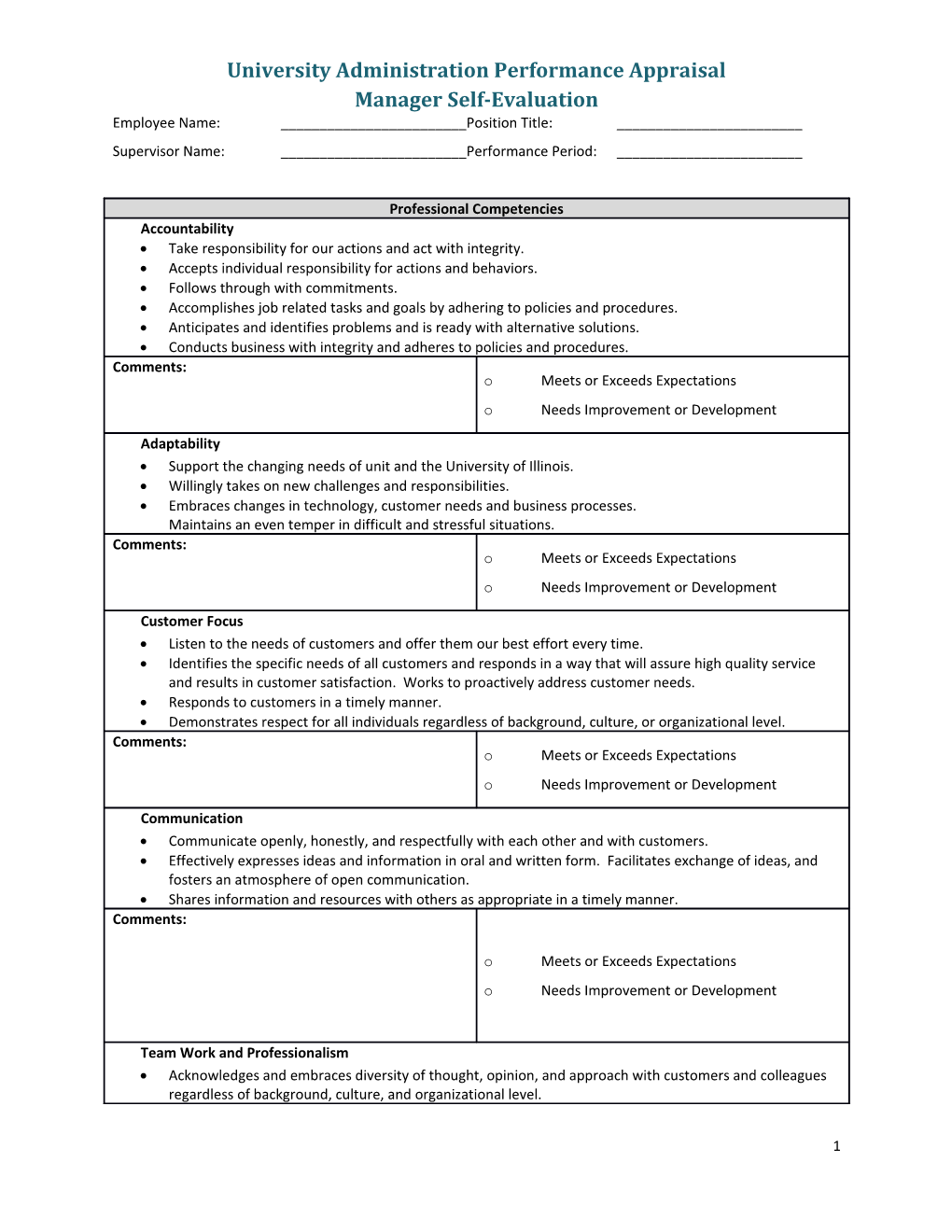 University Administration Performance Appraisal