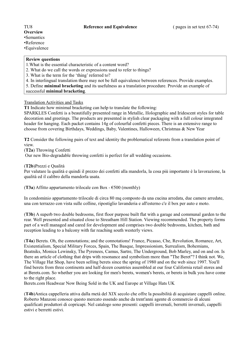 TU8 Reference and Equivalence ( Pages in Set Text 67-74)