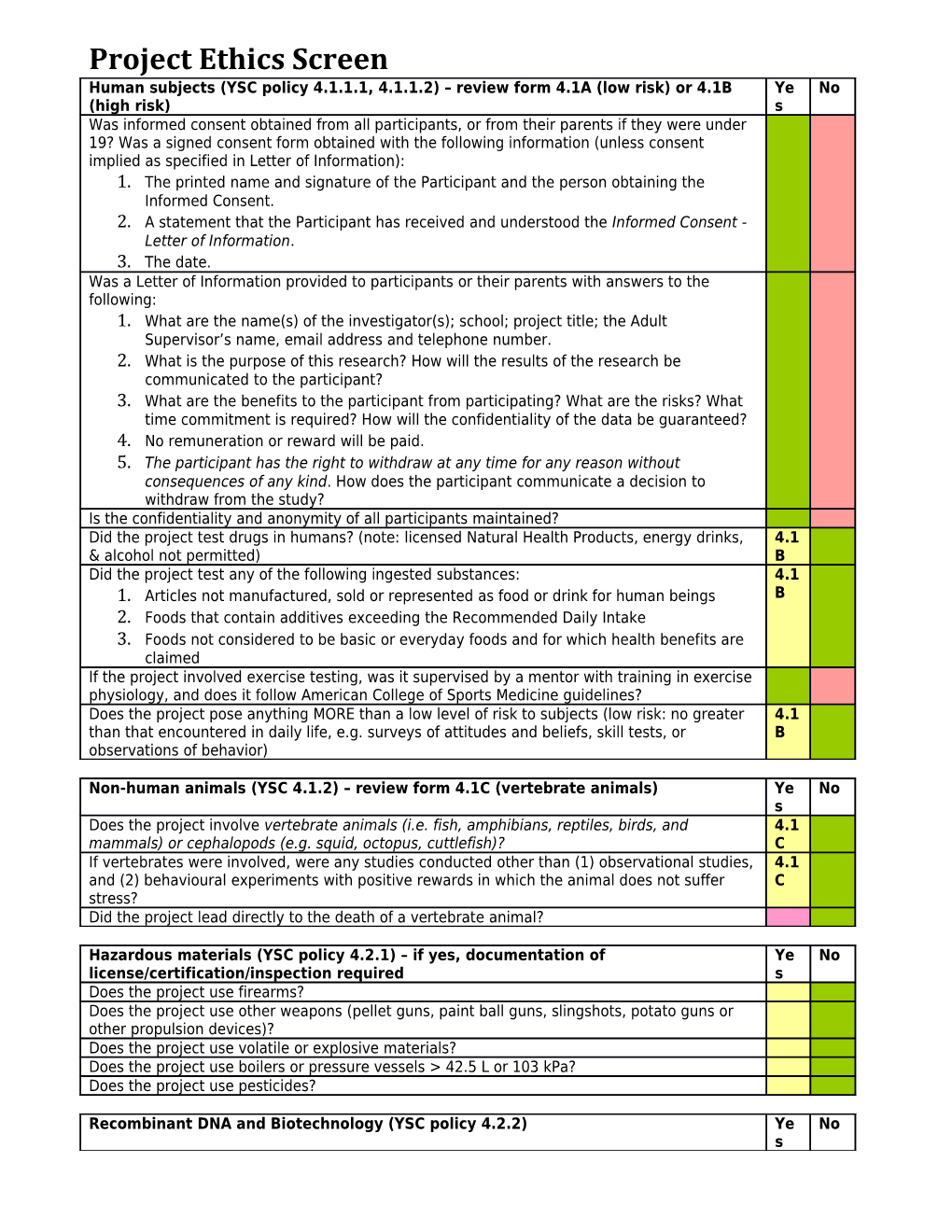 Project Ethics Screen