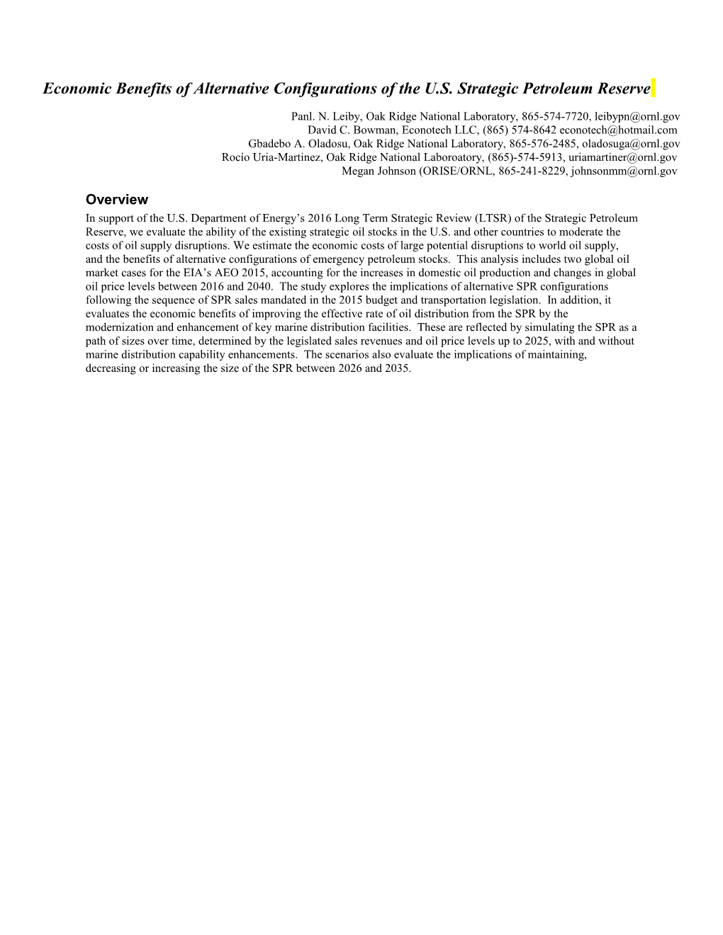 Economic Benefits of Alternative Configurations of the U.S. Strategic Petroleum Reserve