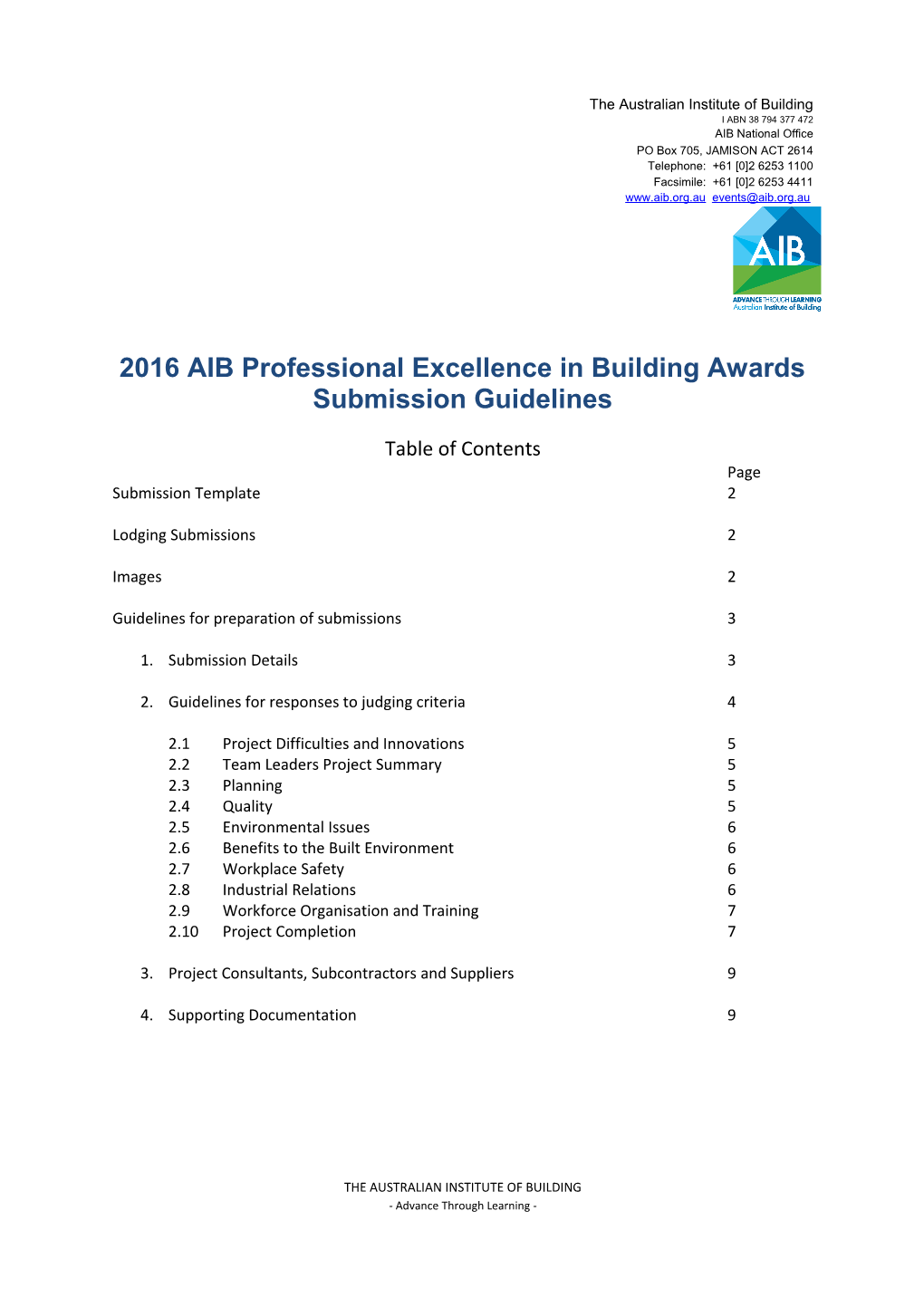 2016 AIB Professional Excellence in Buildingawardssubmission Guidelines