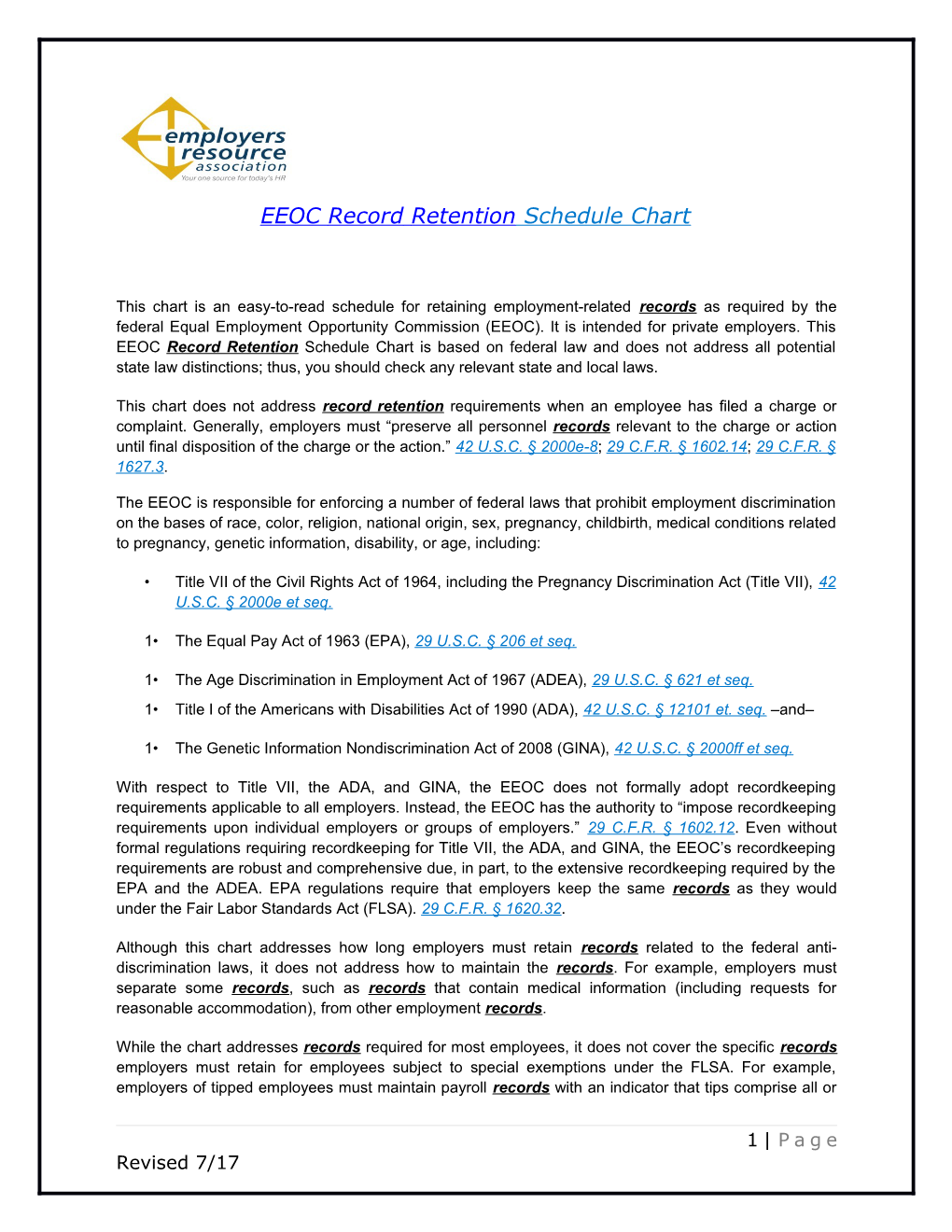 EEOC Record Retention Schedule Chart