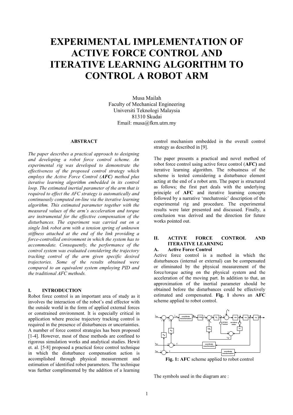 Experimental Implementation of Active Force Control and Iterative Learning Algorithm To