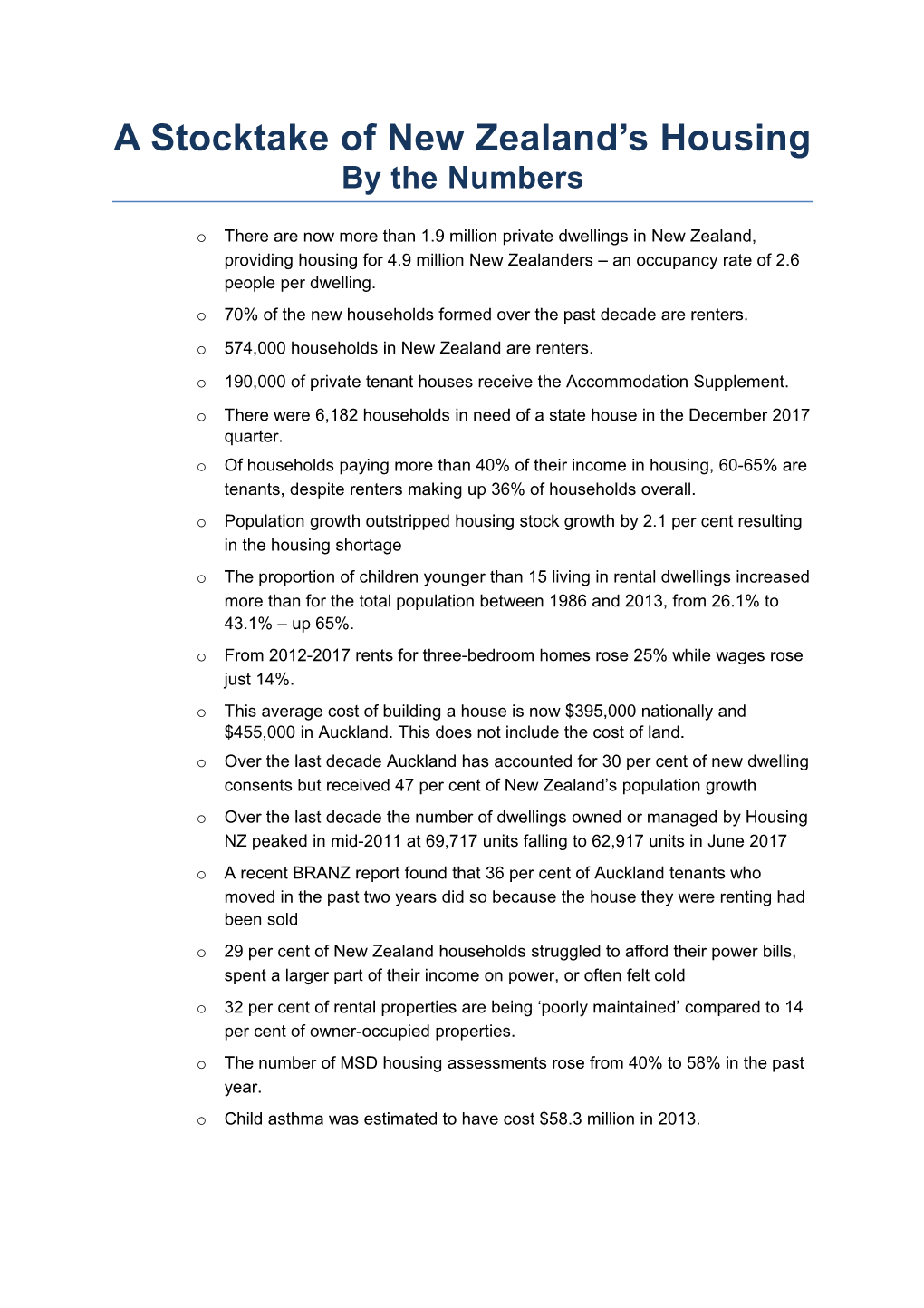 A Stocktake of New Zealand S Housingby the Numbers