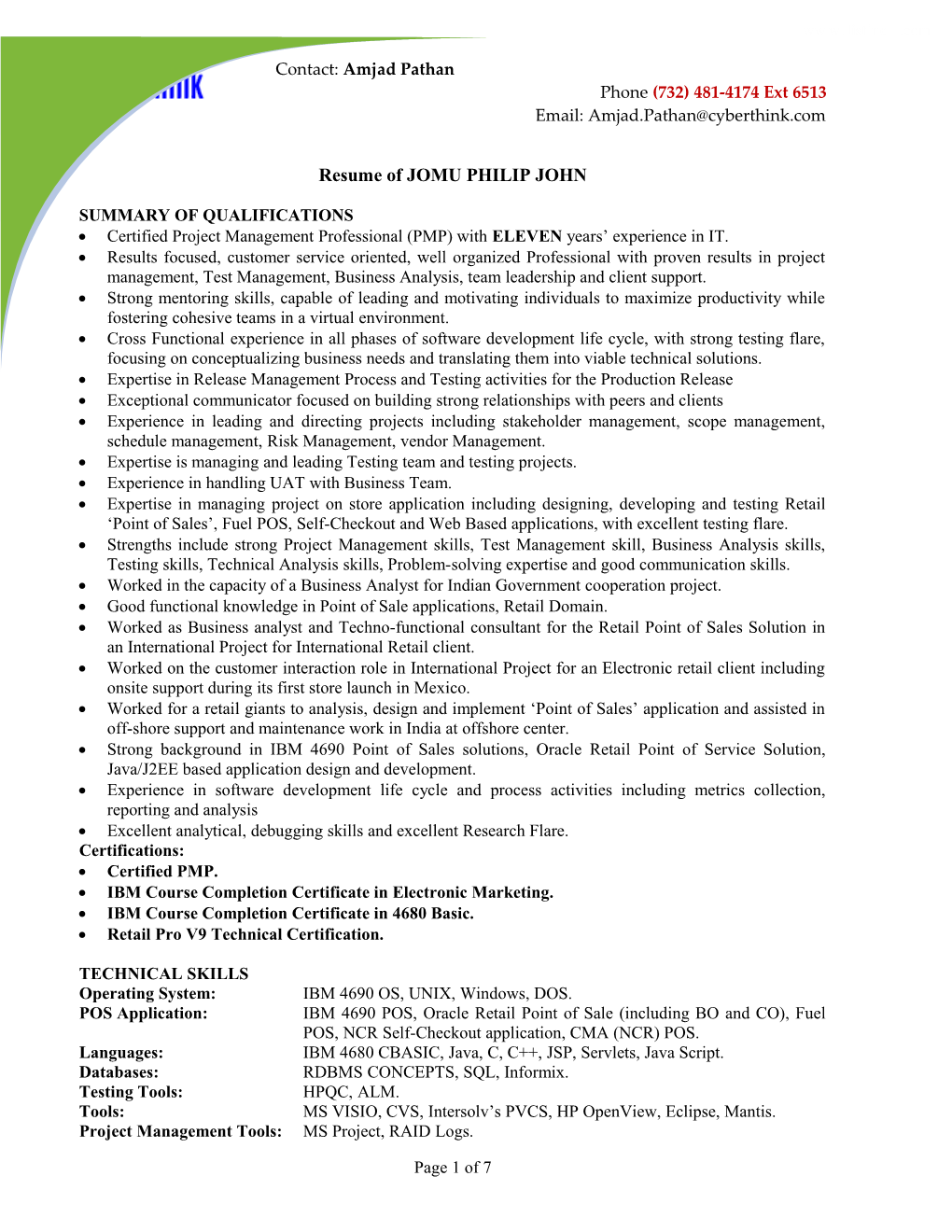 Resume of JOMU PHILIP JOHN