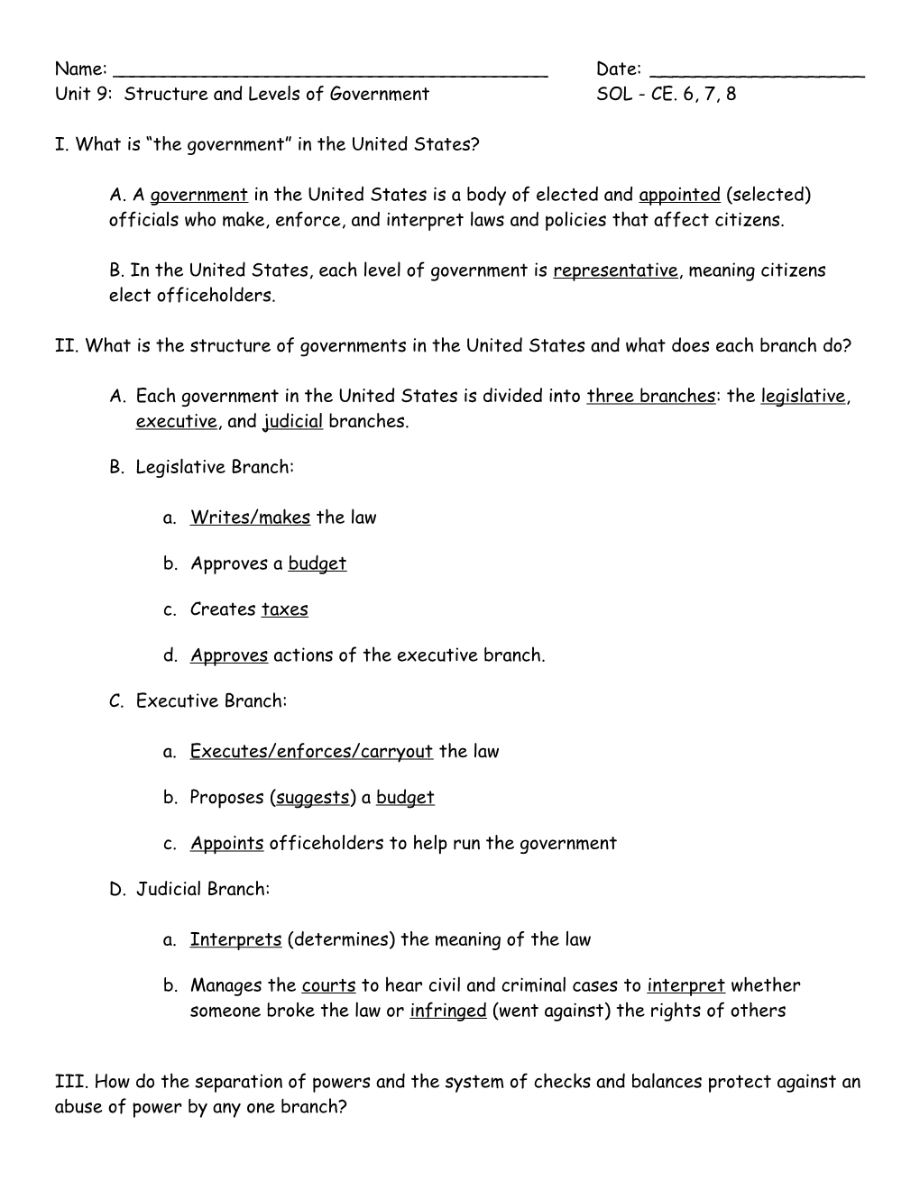 Unit 9: Structure and Levels of Government SOL - CE. 6, 7, 8