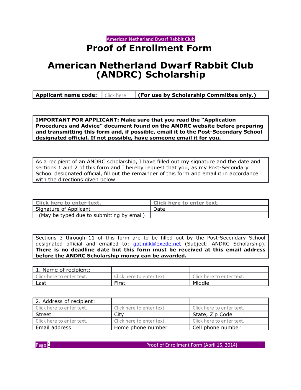 American Netherland Dwarf Rabbit Club (ANDRC) Scholarship