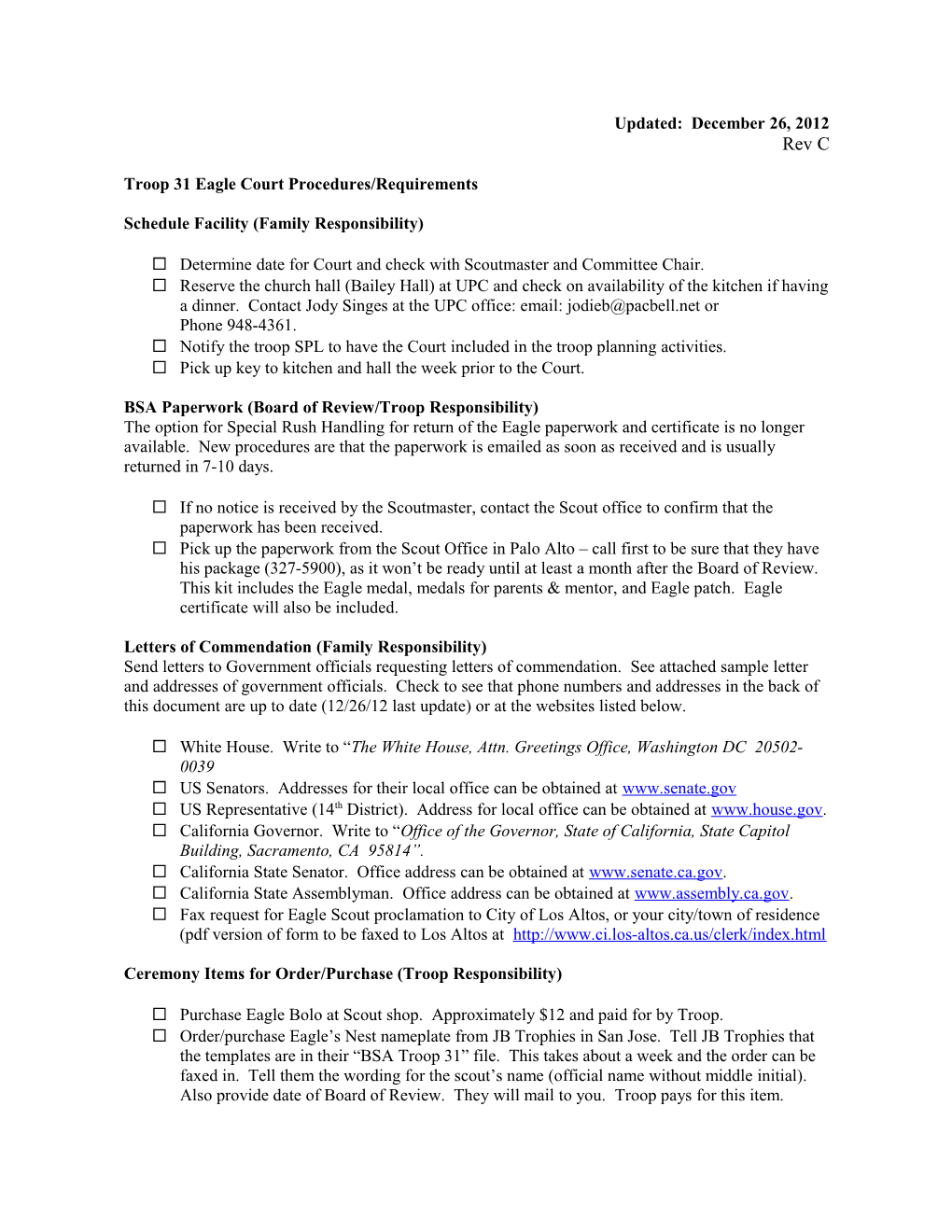 Troop 31 Eagle Court Procedures/Requirements