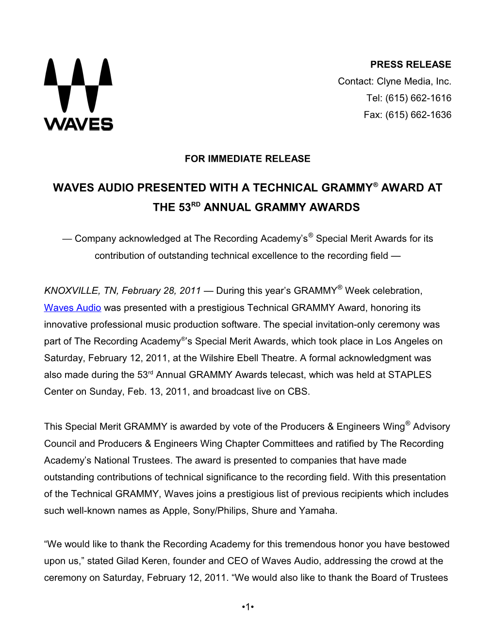Waves Audio PRESENTED with a TECHNICAL GRAMMY AWARD at the 53RD ANNUAL GRAMMY AWARDS