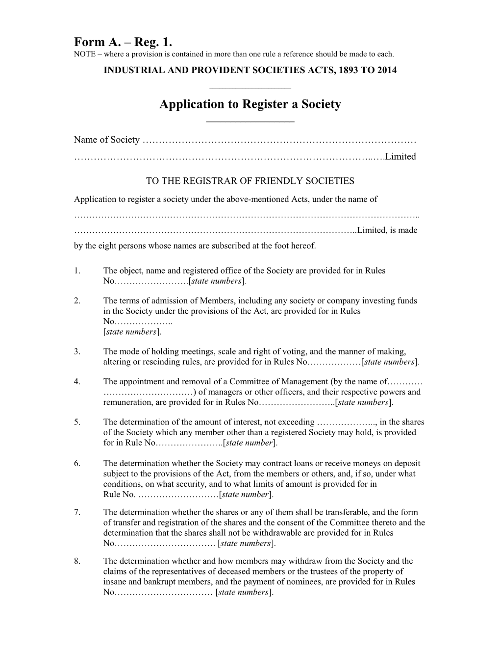 Form a - Application to Register Friendly Society