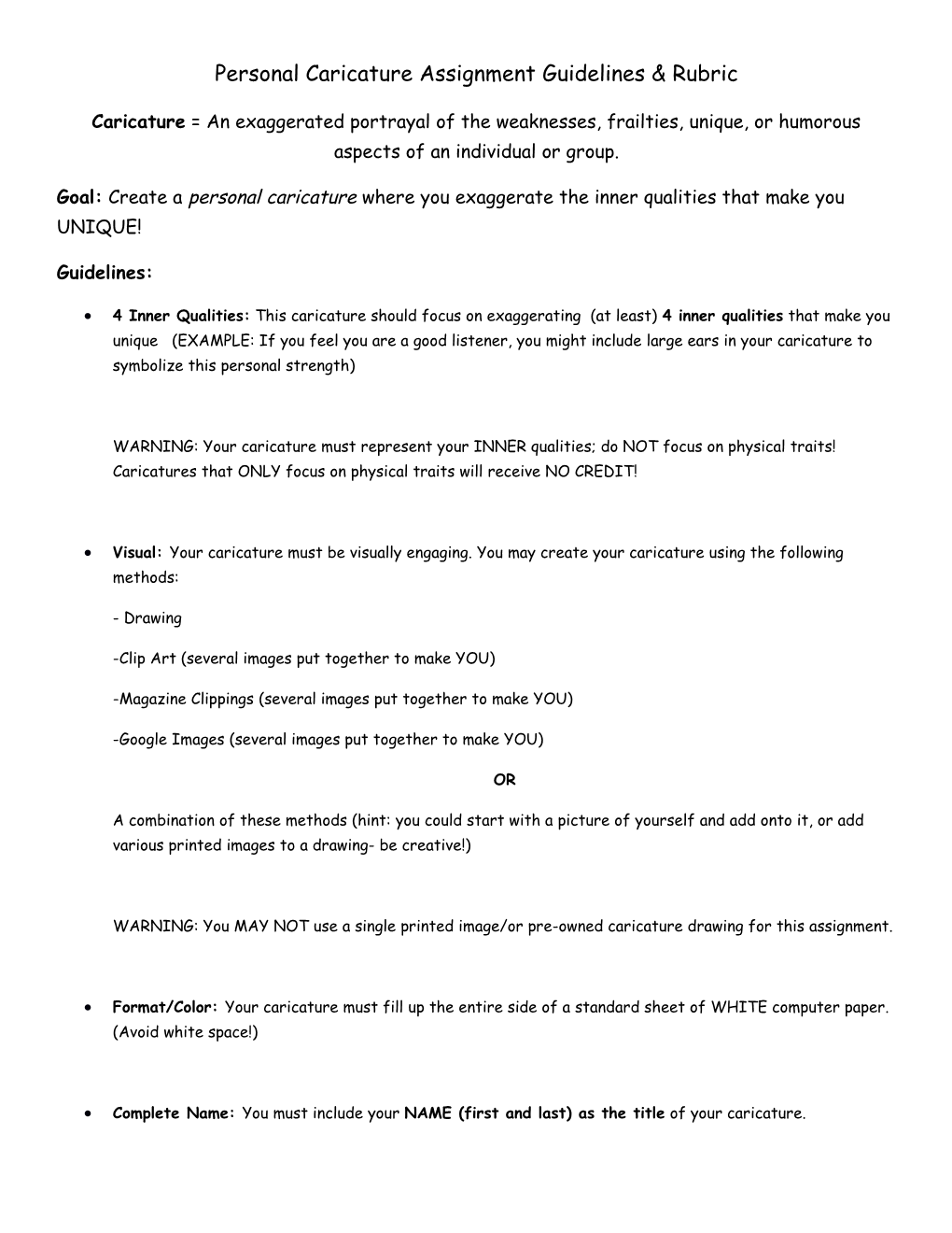 Personal Caricature Assignment Guidelines & Rubric