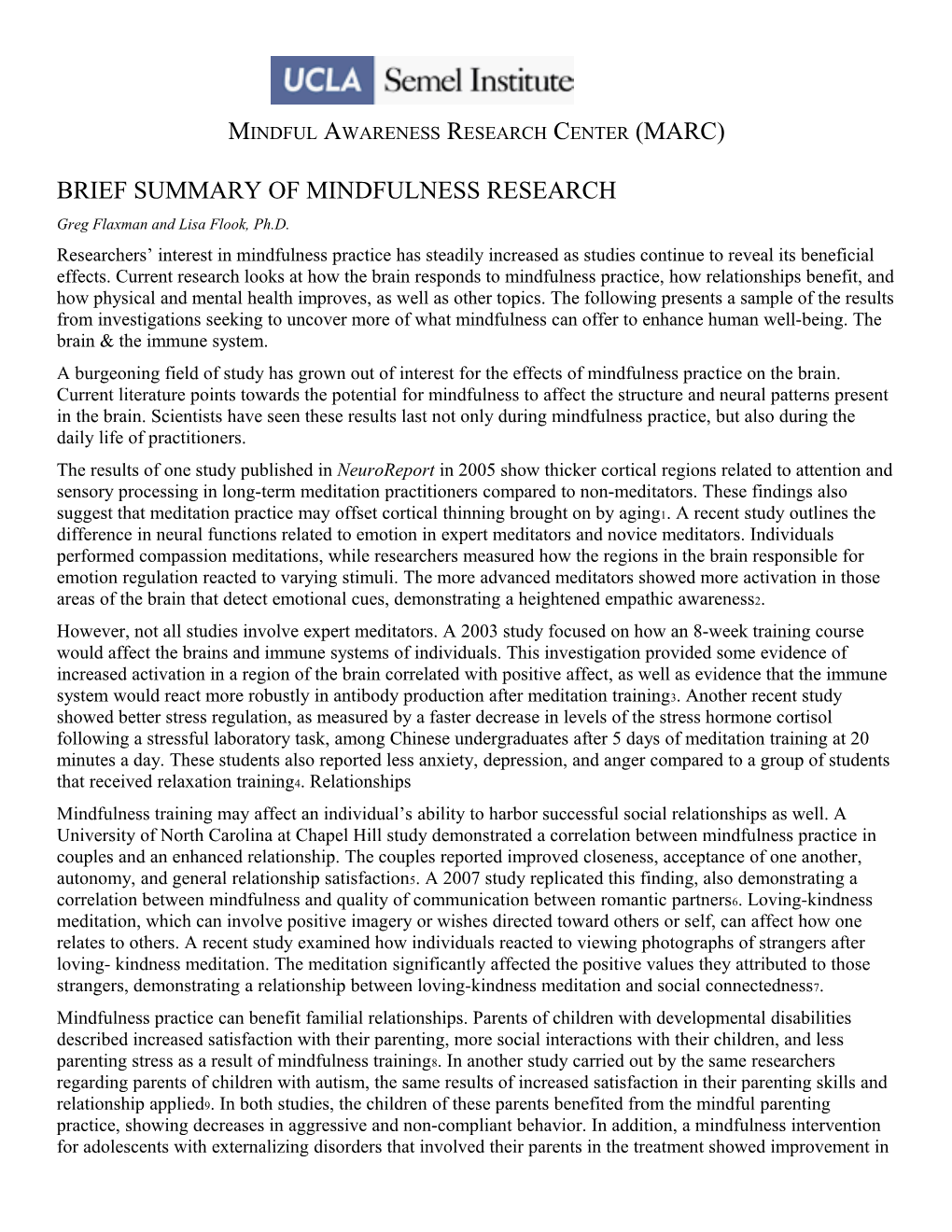 Brief Summary of Mindfulness Research