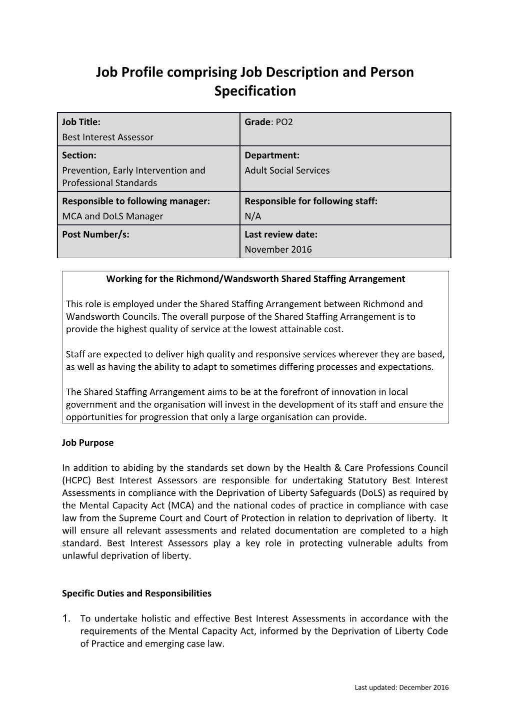 Job Profile Comprising Job Description and Person Specification
