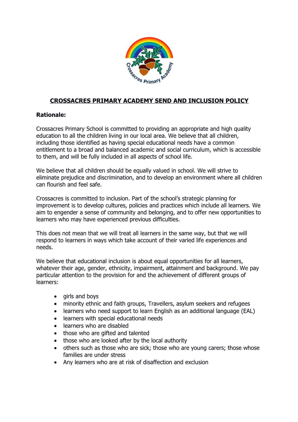 Crossacres Primary Academy Send and Inclusion Policy