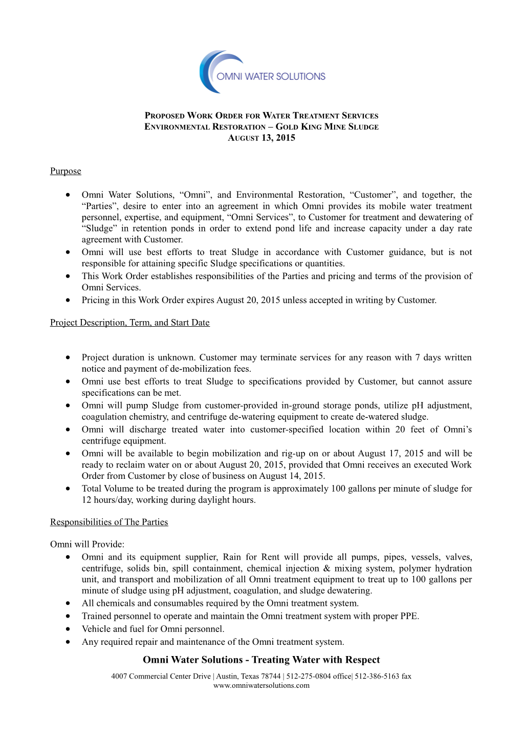 Proposed Work Order for Water Treatment Services