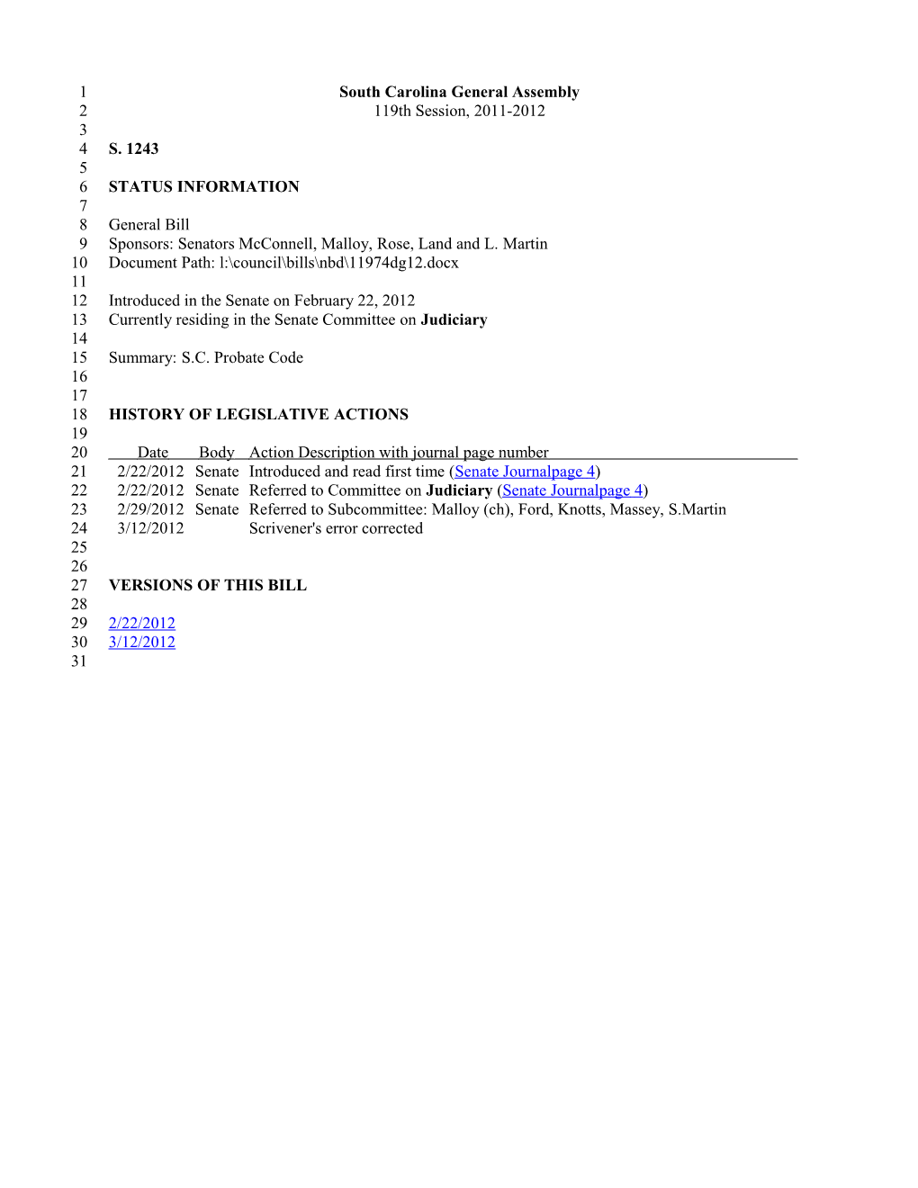 2011-2012 Bill 1243: S.C. Probate Code - South Carolina Legislature Online