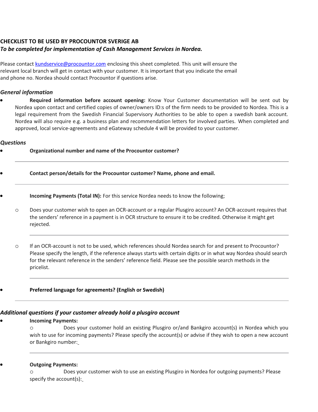 Checklist to Be Used by Procountor Sverige AB