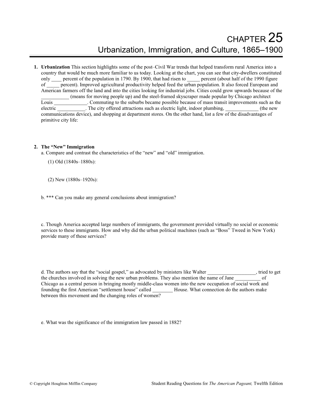 Urbanization, Immigration, and Culture, 1865 1900