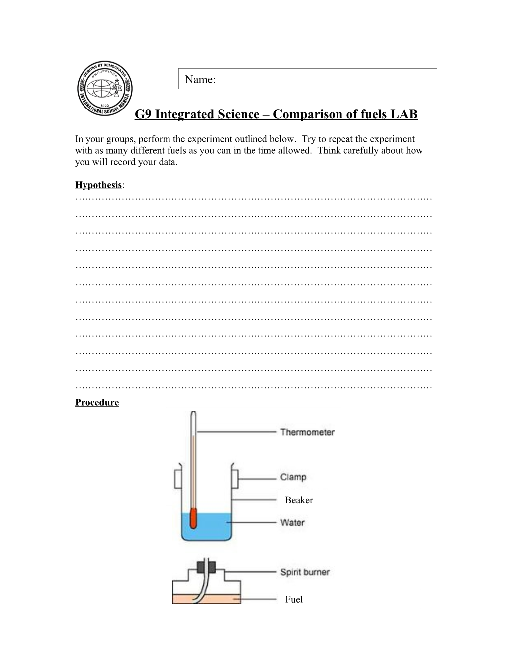 G9 Integrated Science Comparison of Fuels LAB