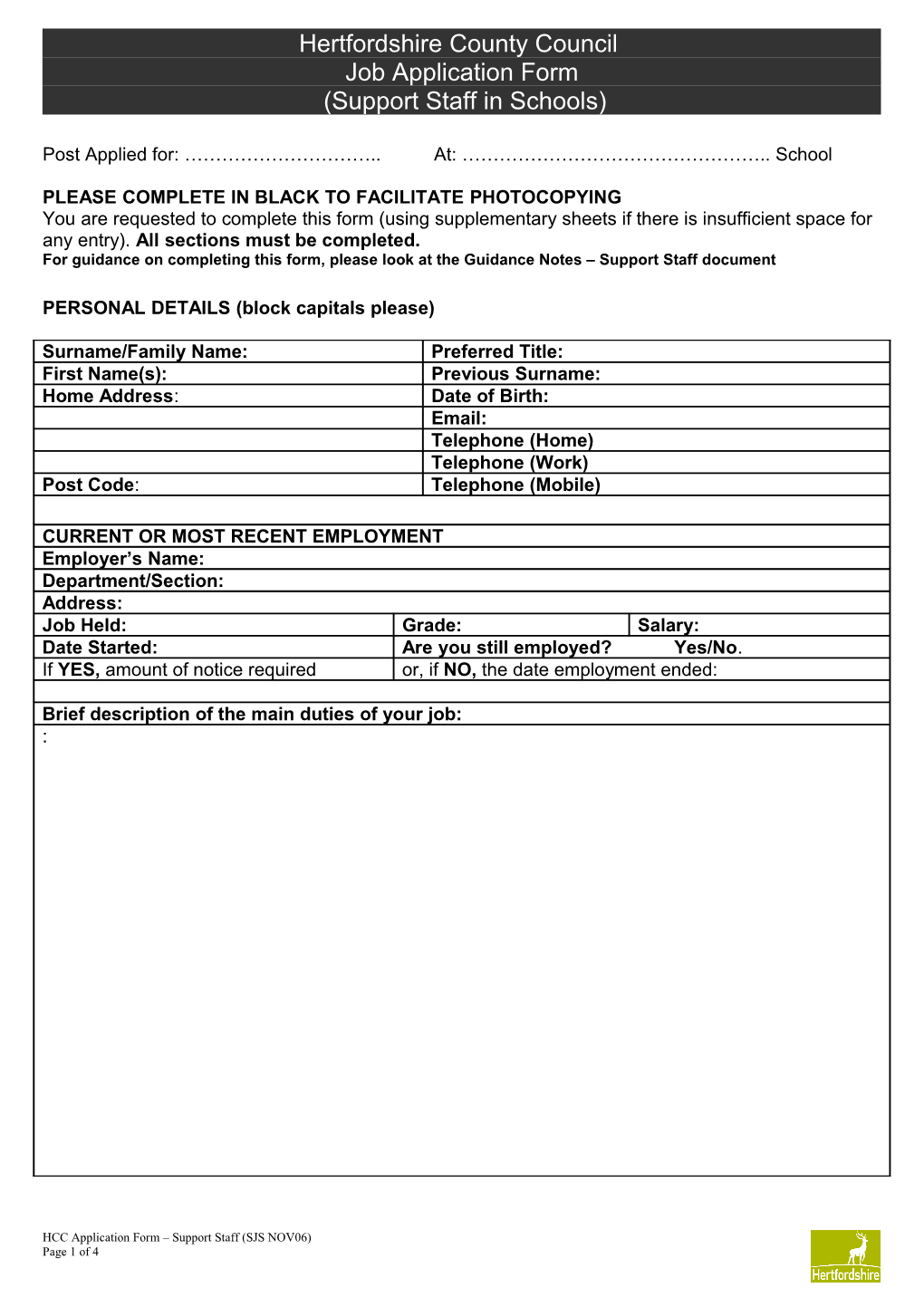 Hertfordshire County Council Job Application Form (Support Staff)