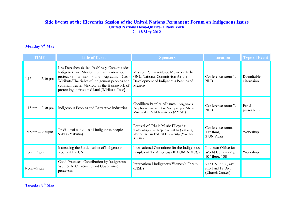 Side Events at the Elevenths Session of the United Nations Permanent Forum on Indigenous Issues