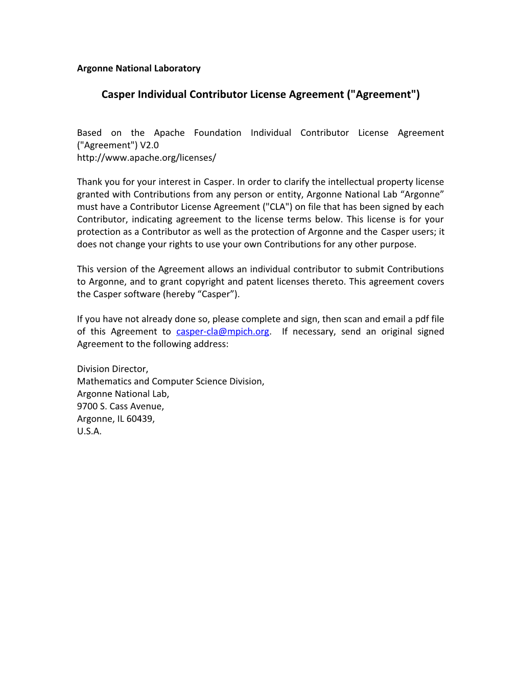 Casper Individual Contributor License Agreement ( Agreement )