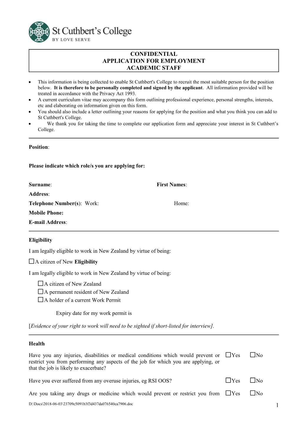 Cuthberts Application Form