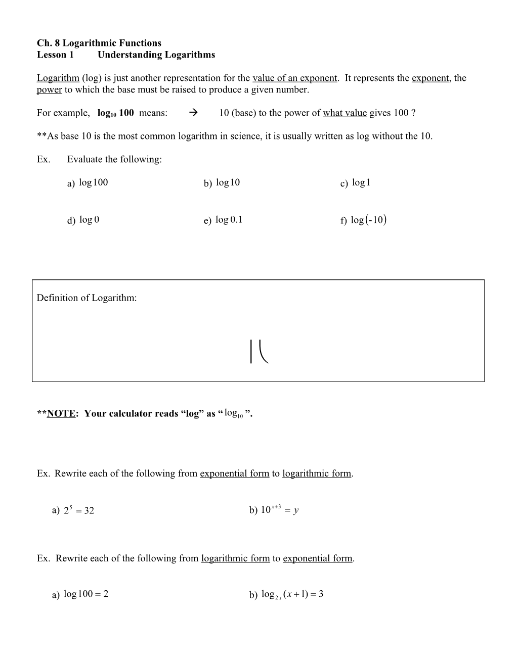 Ch. 8 Logarithmic Functions