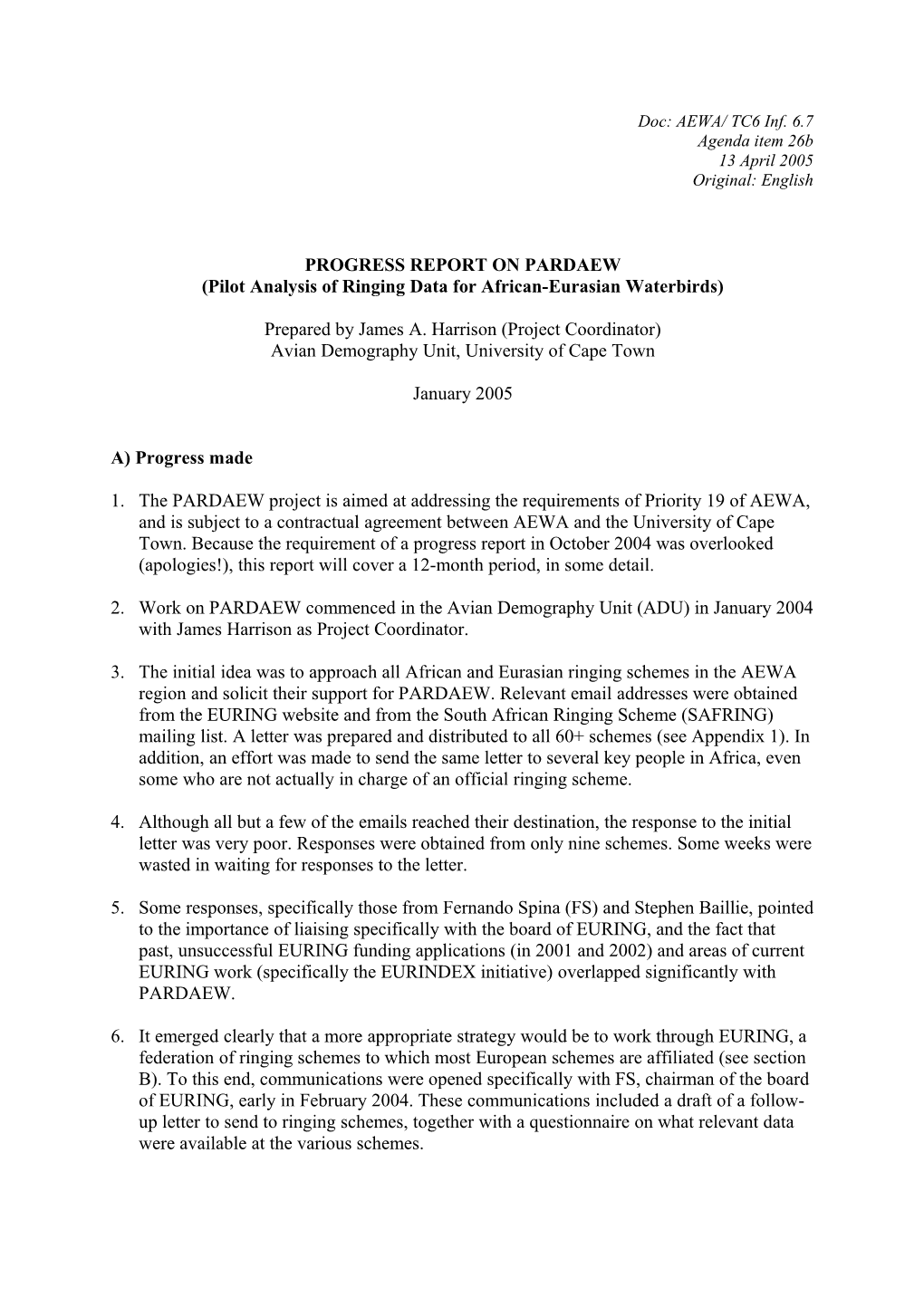 PROGRESS REPORT on PARDAEW (Pilot Analysis of Ringing Data for African-Eurasian Waterbirds)