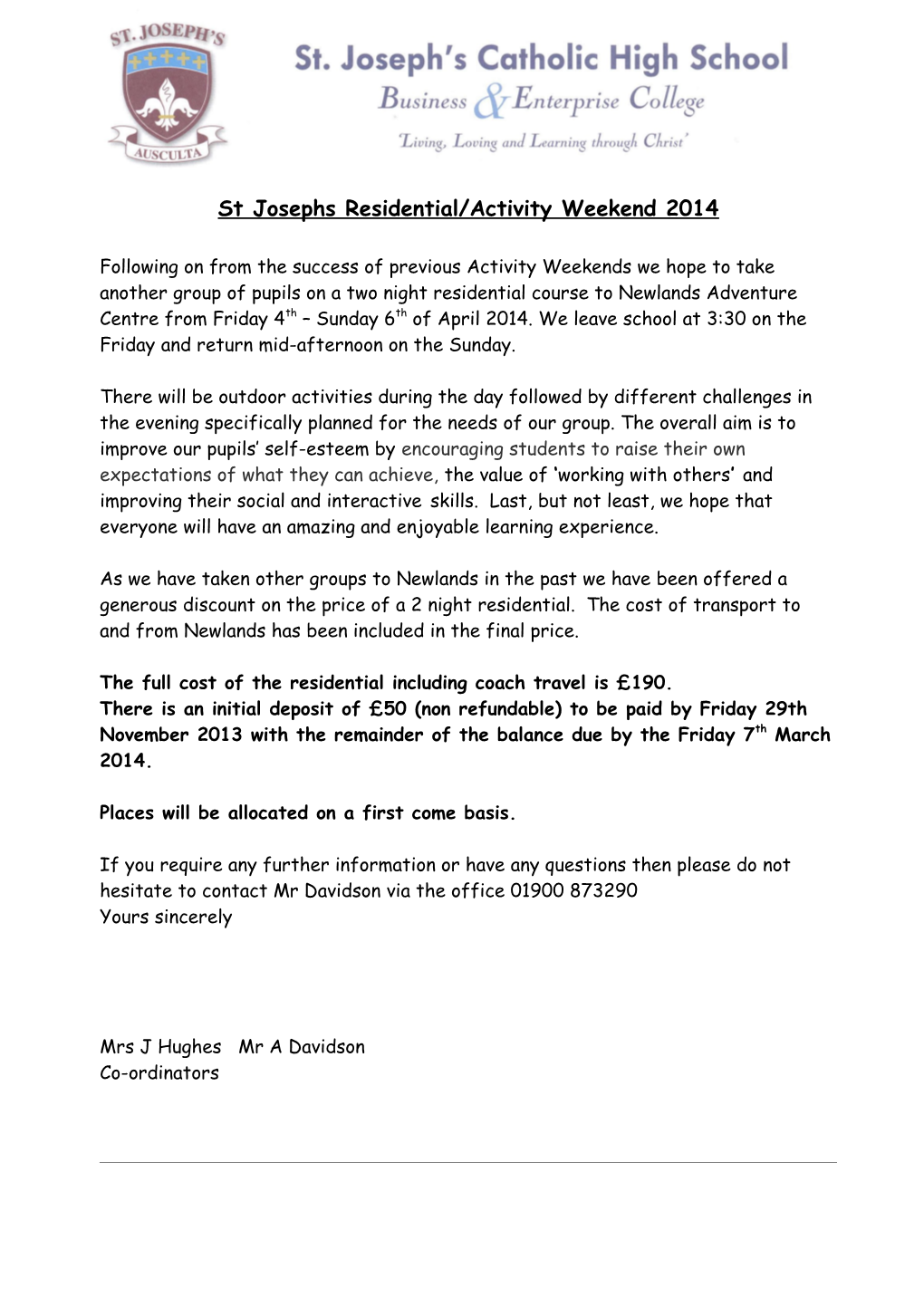 St Josephs Residential/Activity Weekend 2014