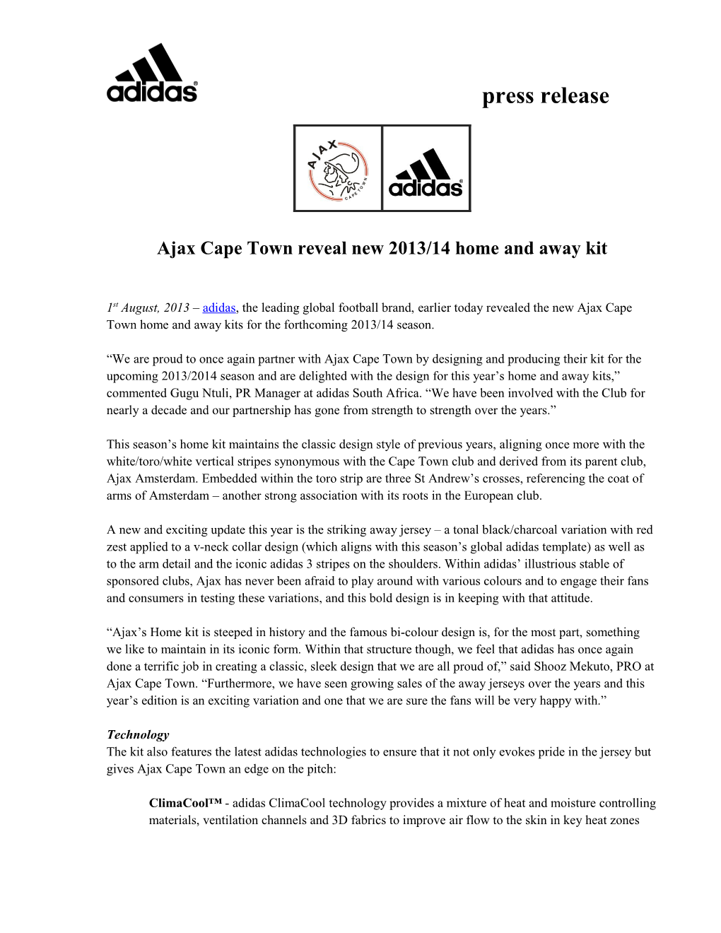 Football Ajax Cape Town Kit