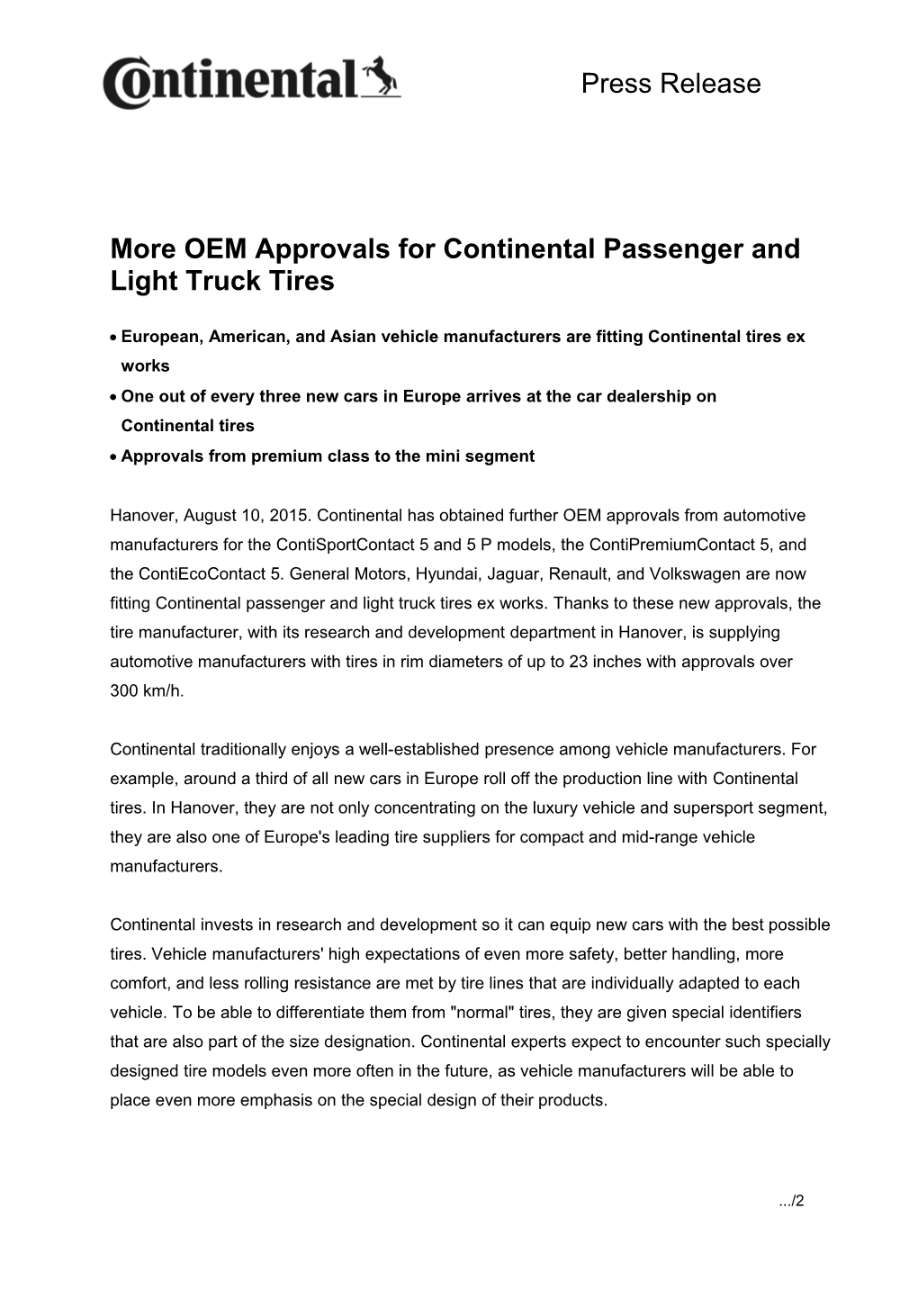 More OEM Approvals for Continental Passenger and Light Truck Tires s1