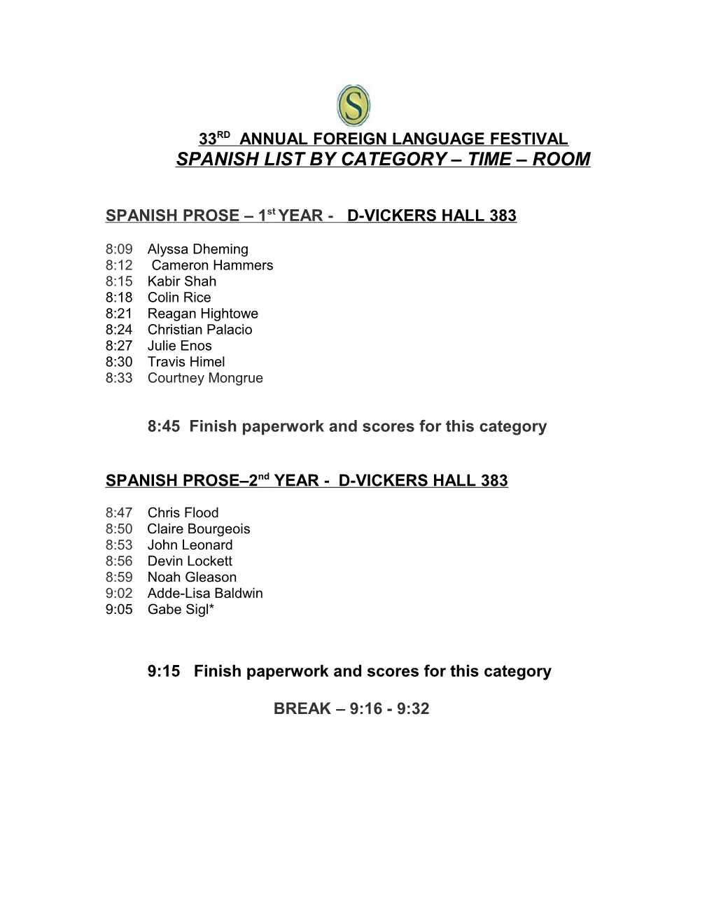 Spanish List by Category Time Room